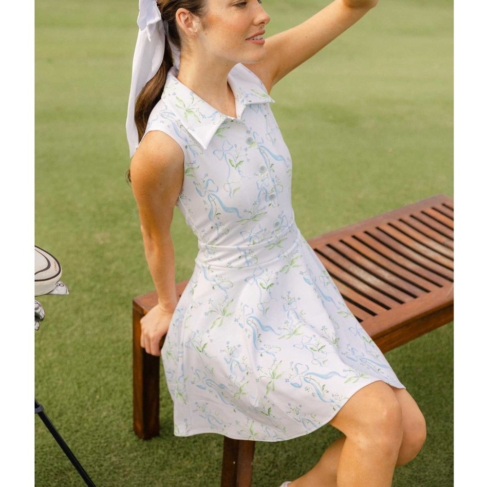 Byrdie Golf Social Wear The Something Blue Dress Small White Floral Coquette Bow